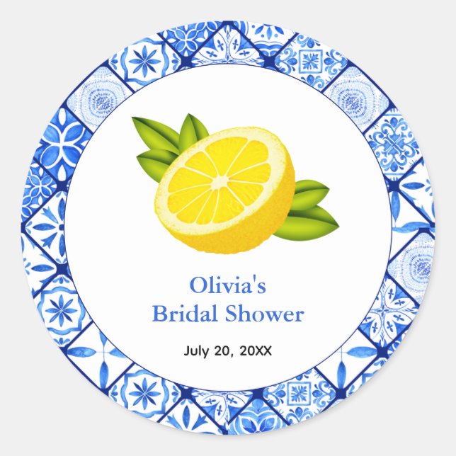 Italian Blue Tile Mediterranean Bridal Shower Classic Round Sticker (Front)