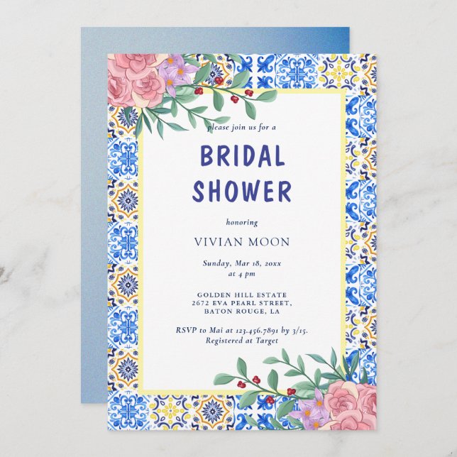 Italian Blue Tile Mediterranean Bridal Shower Invitation (Front/Back)