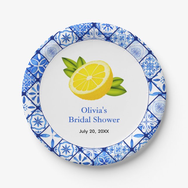 Italian Blue Tile Mediterranean Bridal Shower Paper Plates (Front)