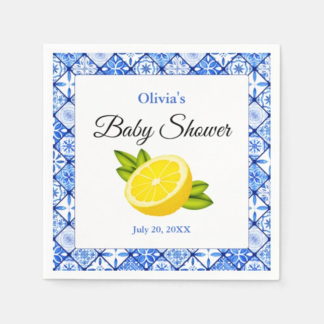 Italian Blue Tile Mediterranean Lemon Baby Shower  Napkins (Front)