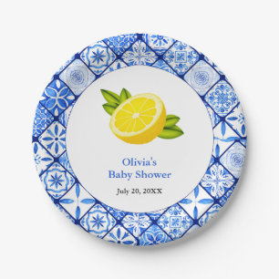 Italian Blue Tile Mediterranean Lemon Baby Shower Paper Plates