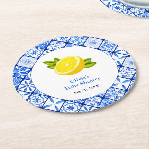 Italian Blue Tile Mediterranean Lemon Baby Shower Round Paper Coaster