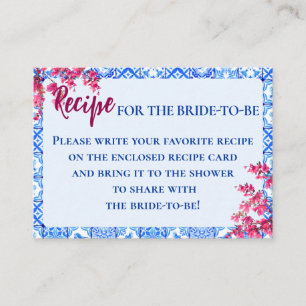 Italian Blue Tile Pink Flowers Bridal Recipe Enclosure Card