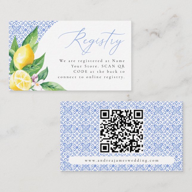 Italian Blue Tile Positano Lemon Registry QR Code Enclosure Card (Front/Back)