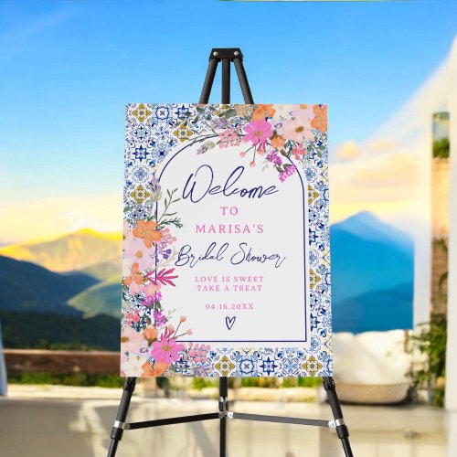 Italian blue tile watercolor floral bridal welcome foam board