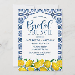 Italian Blue Tile Watercolor Lemon Bridal Brunch Invitation
