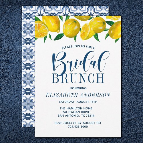  Italian Blue Tile Watercolor Lemon Bridal Brunch Invitation