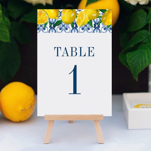  Italian Blue Tile Watercolor Lemon Wedding Table Number