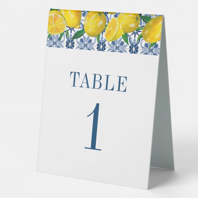  Italian Blue Tile Watercolor Lemon Wedding Table Tent (Back)