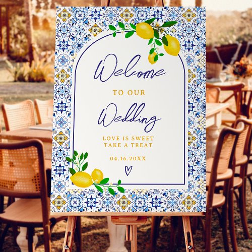 Italian blue tile watercolor lemon wedding welcome foam board