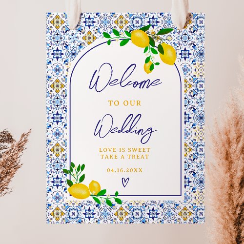 Italian blue tile watercolor lemon wedding welcome poster