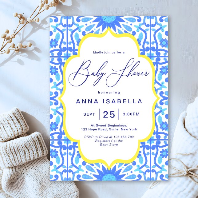 Italian Blue Tile Yellow Frame Baby Shower Invitation (Creator Uploaded)