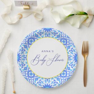 Italian Blue Tile Yellow Line Baby Shower Script Paper Plates
