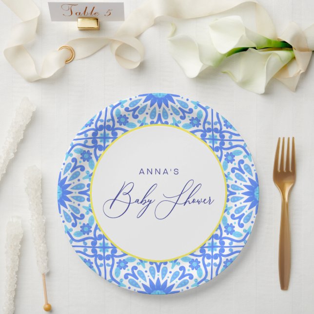 Italian Blue Tile Yellow Line Baby Shower Script Paper Plates (Wedding)