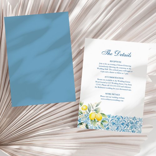 Italian Blue Tiles and Lemons Wedding Details Card