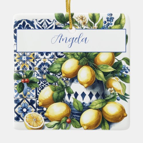 Italian blue tiles and lemons  your name ceramic ornament