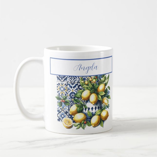 Italian blue tiles and lemons | your name coffee mug (Left)