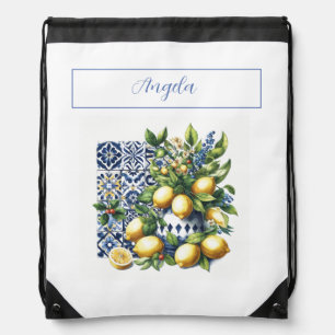 Italian blue tiles and lemons   your name drawstring bag