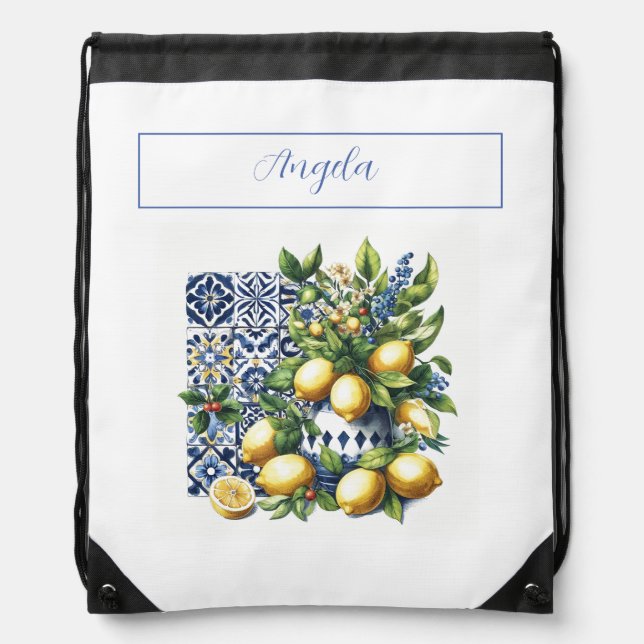 Italian blue tiles and lemons | your name drawstring bag (Front)