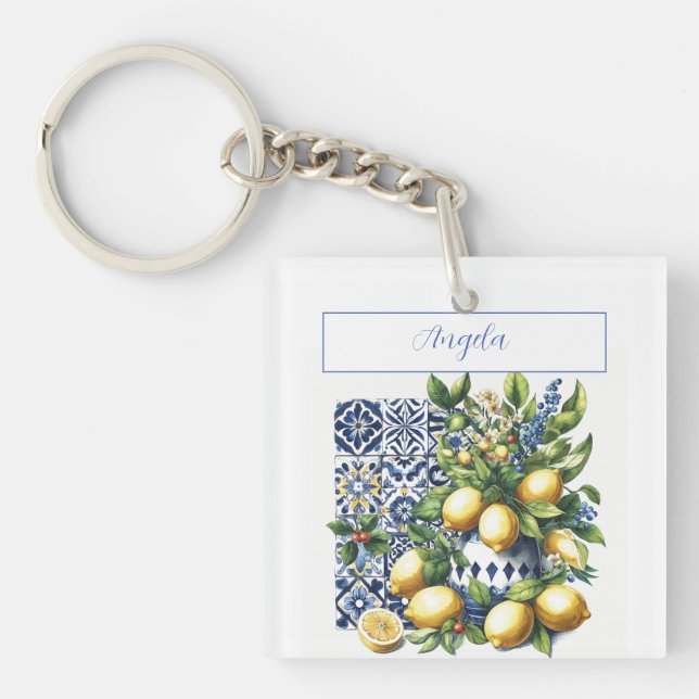 Italian blue tiles and lemons | your name keychain (Front)