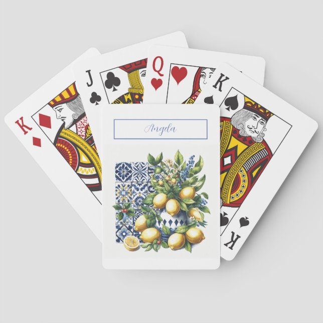 Italian blue tiles and lemons | your name poker cards (Back)