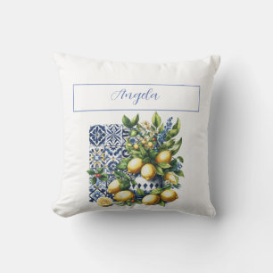 Italian blue tiles and lemons your name throw pillow