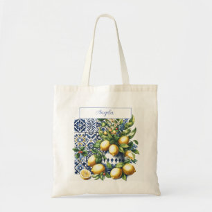 Italian blue tiles and lemons your name tote bag