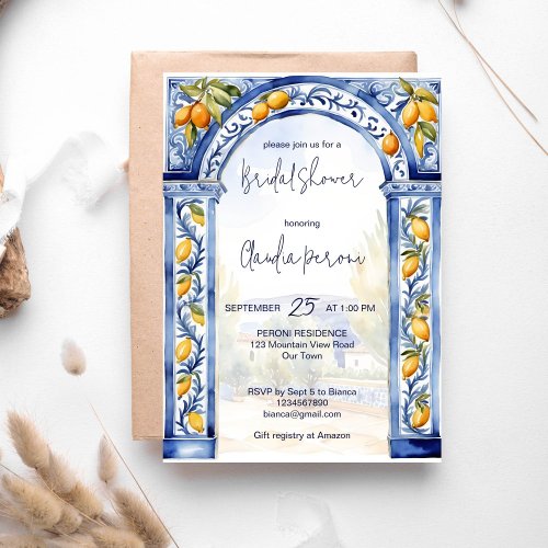 Italian Blue tiles arch lemons bridal shower Invitation