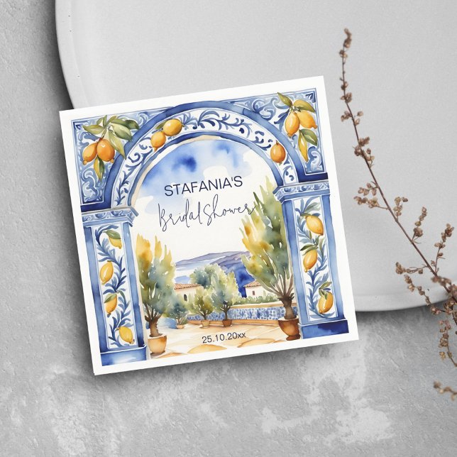 Italian Blue tiles arch lemons bridal shower Napkins (Italian Blue tiles arch lemons bridal shower tableware personalized napkins Napkins watercolor scene)