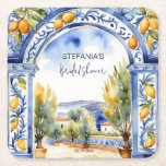 Italian Blue tiles arch lemons bridal shower Square Paper Coaster<br><div class="desc">Italian Blue tiles arch lemons bridal shower tableware personalized coaters,  watercolor blue ceramics arch Italian landscape scenery Mediterranean themed bridal shower coasters</div>