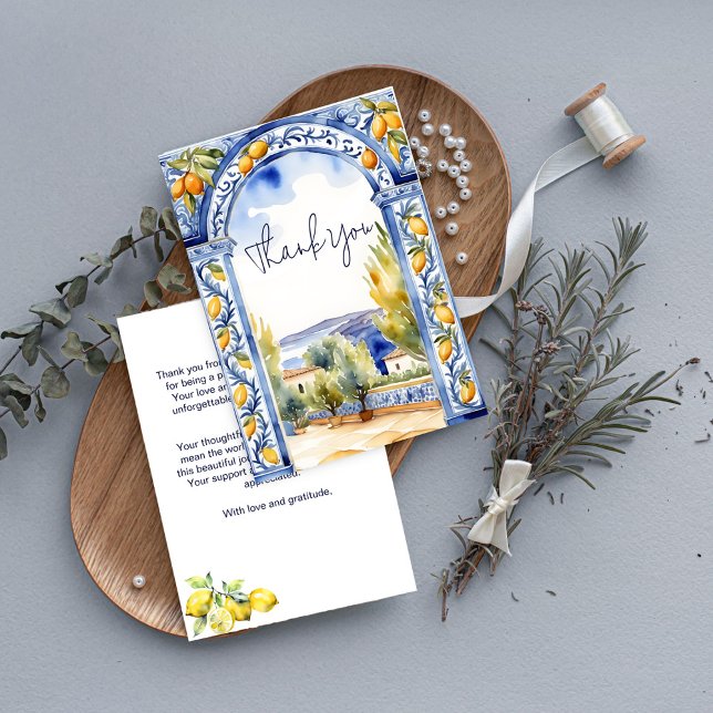 Italian Blue tiles arch lemons bridal shower Thank You Card (Italian Blue tiles arch lemons bridal shower Thank You Card watercolor majolica talavera tiles lemon)