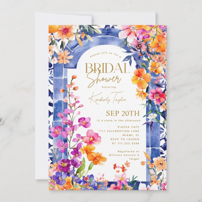 Italian Blue Tiles Bright Floral Bridal Shower Invitation (Front)