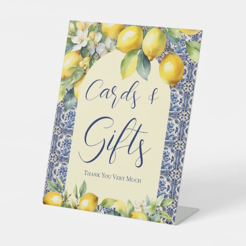 Italian blue tiles  lemon baby shower cards gifts pedestal sign
