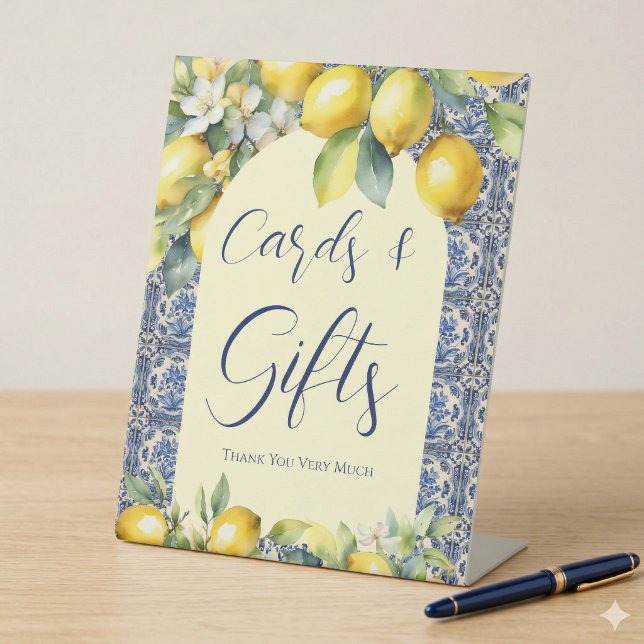 Italian blue tiles & lemon baby shower cards gifts pedestal sign (Creator Uploaded)