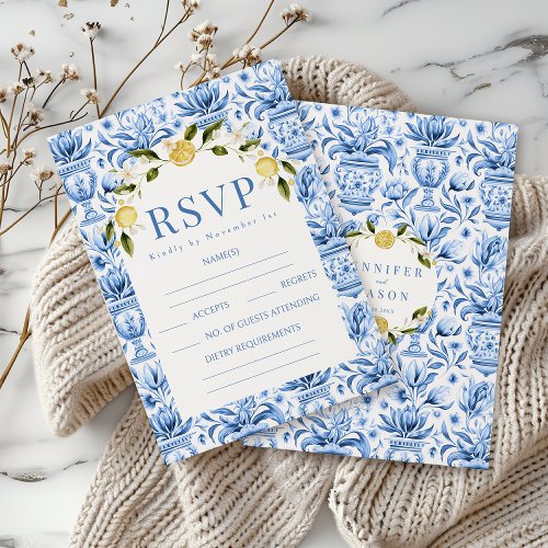 Italian blue tiles lemon bloom wedding RSVP cards