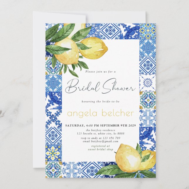 Italian Blue Tiles Lemon Bridal Shower Invitation (Front)