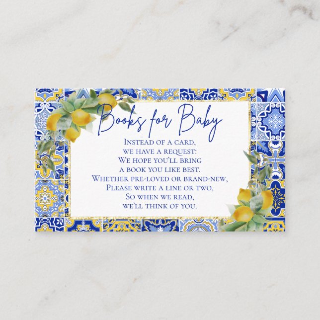 Italian Blue Tiles Lemon Citrus Books for Baby Enclosure Card (Front)