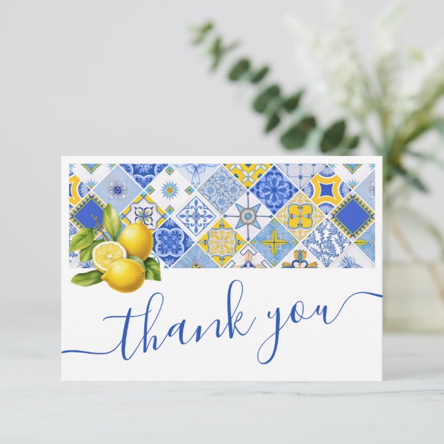 Italian Blue Tiles Lemon Summer Bridal Shower  Thank You Card (Standing Front)