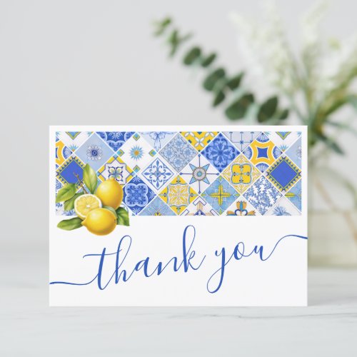 Italian Blue Tiles Lemon Summer Bridal Shower  Thank You Card