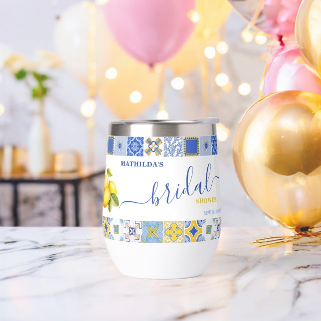 Italian Blue Tiles Lemon Summer Bridal Shower Thermal Wine Tumbler (Bachelor Party)
