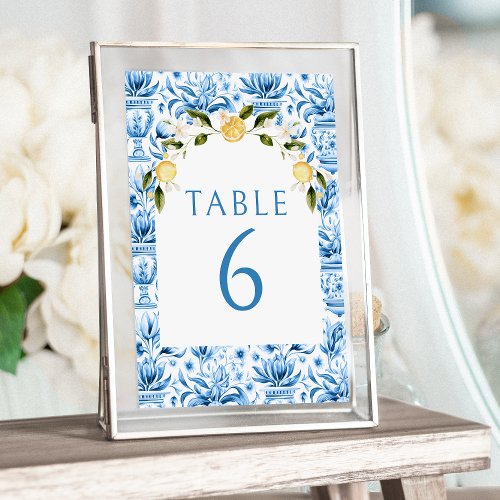 Italian blue tiles lemon wedding table numbers