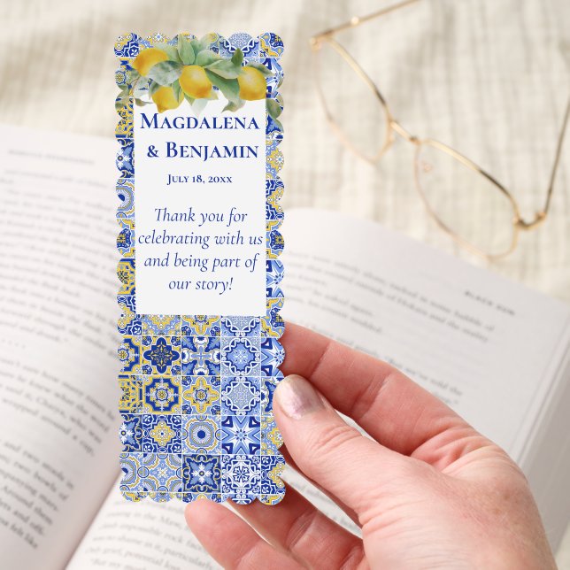 Italian Blue Tiles Lemons Amalfi Coast Wedding Bookmarks (Hand)