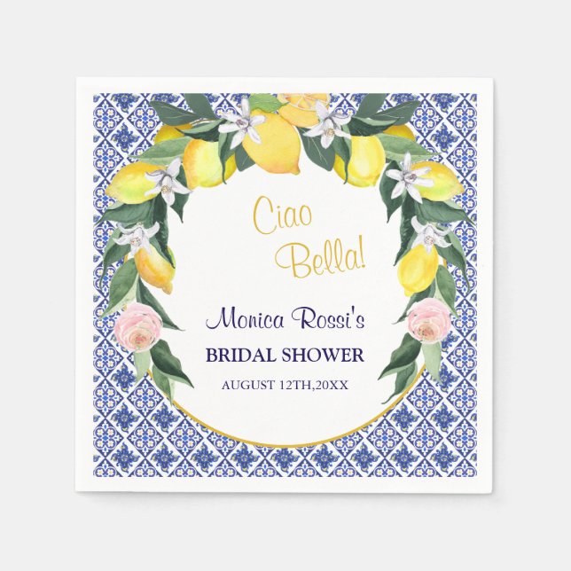 Italian Blue Tiles Lemons Ciao Bella Bridal Shower Napkins (Front)