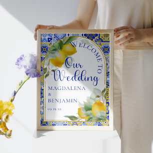 Italian Blue Tiles Lemons Mediterranean Wedding Poster