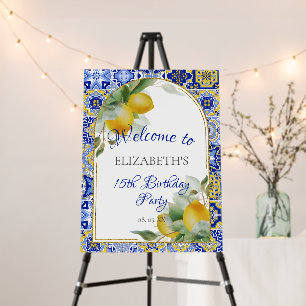 Italian Blue Tiles Lemons Watercolor Party Welcome Foam Board