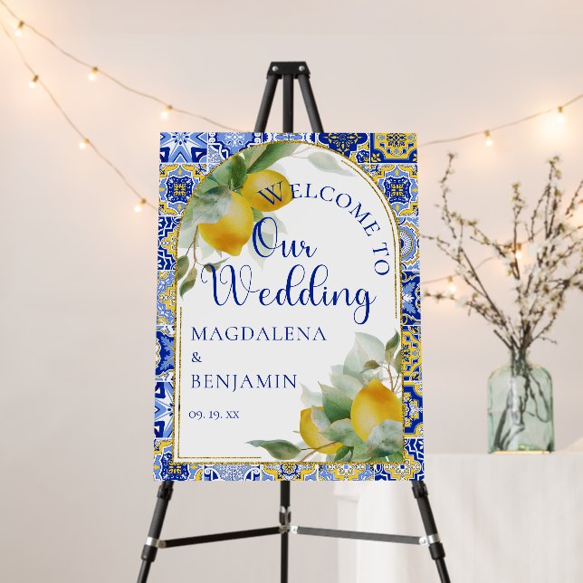 Italian Blue Tiles Lemons Wedding Welcome Sign (In Situ (Stand))