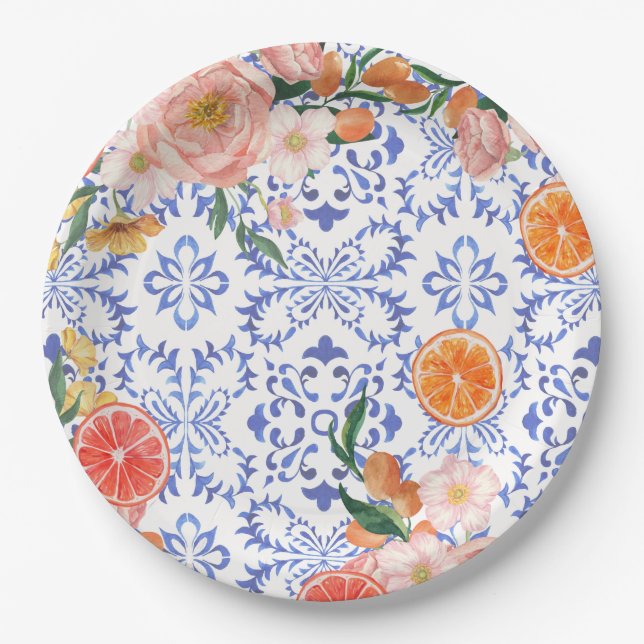 Italian blue tiles mediterranean Bridal Shower  Paper Plates (Front)