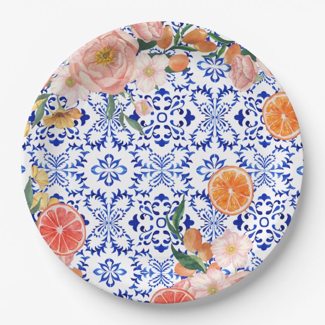 Italian blue tiles mediterranean Bridal Shower  Paper Plates (Front)