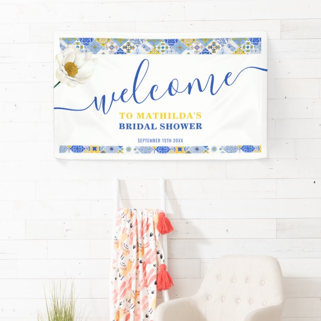 Italian Blue Tiles Summer Bridal Shower Welcome Banner (Insitu)