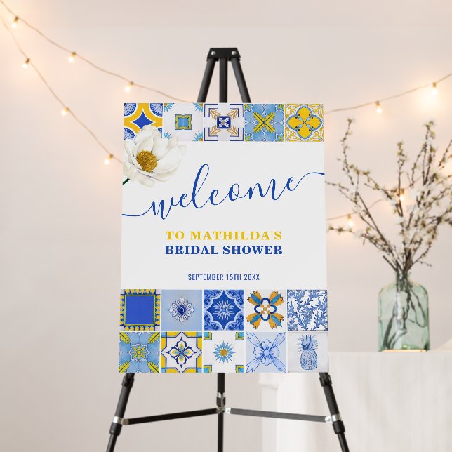 Italian Blue Tiles Summer Bridal Shower Welcome Foam Board (In Situ (Stand))